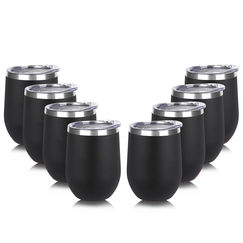 DOMICARE Stainless Steel Wine Tumbler Bulk with Lid, Personalized Insulated Tumblers Set, 12oz Travel Coffee Cups Pack of 8, Black