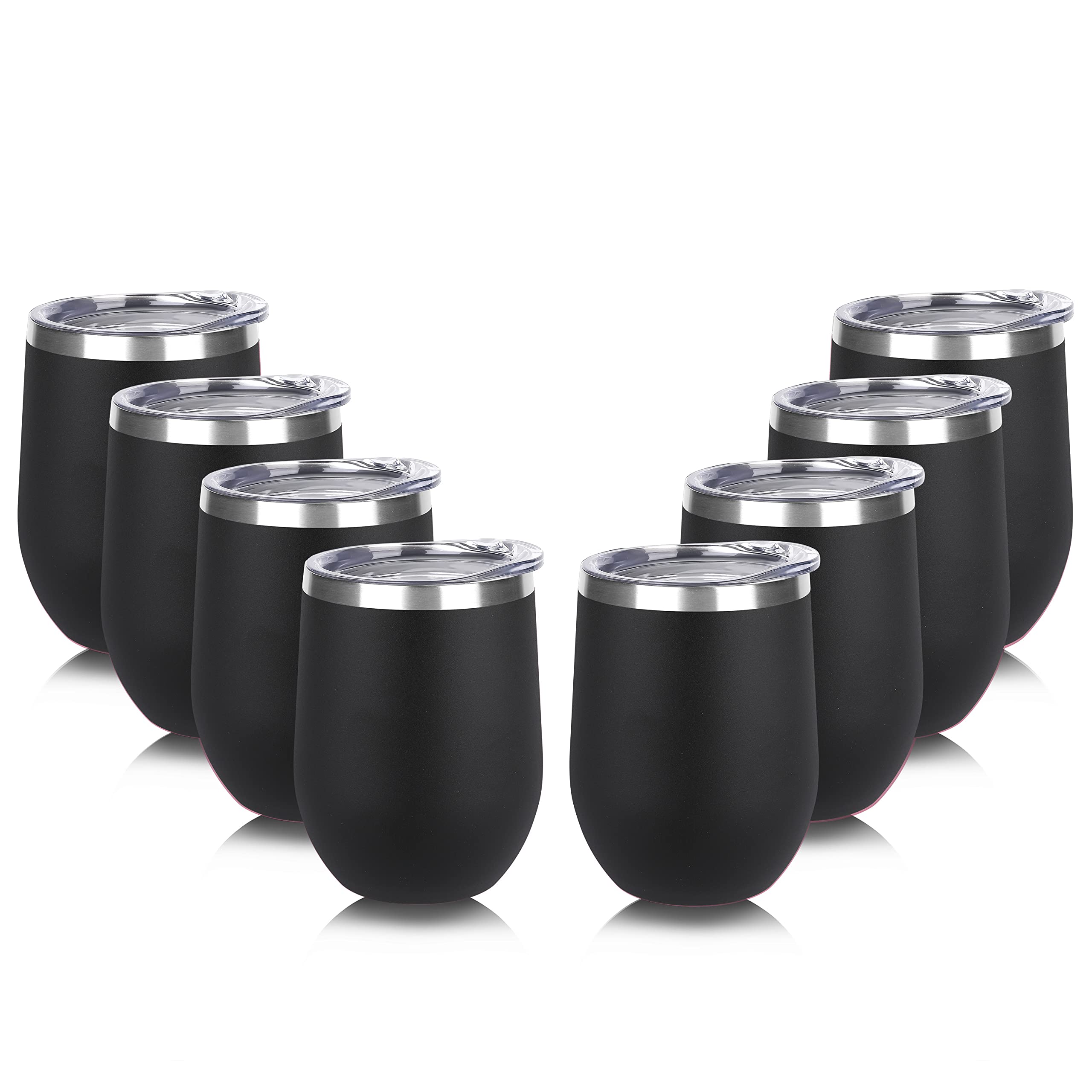 DOMICARE Stainless Steel Wine Tumbler Bulk with Lid, Personalized Insulated Tumblers Set, 12oz Travel Coffee Cups Pack of 8, Black