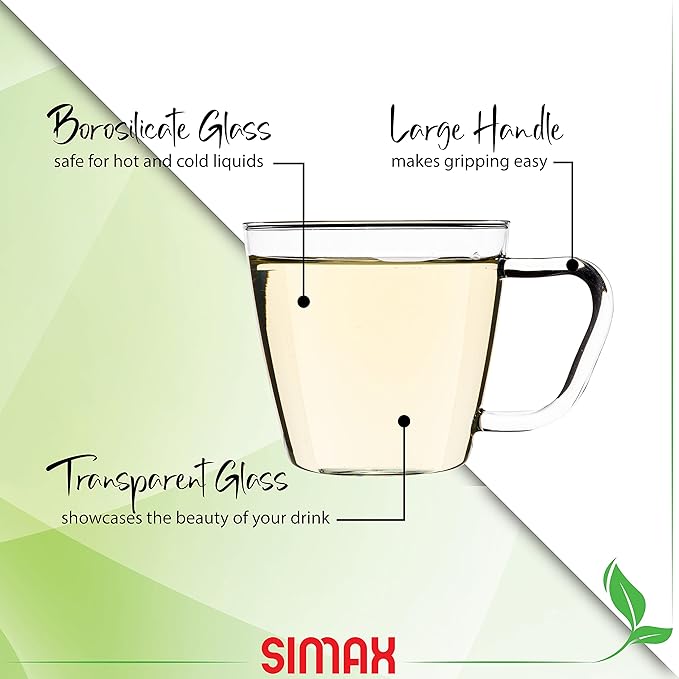 SIMAX Small Clear Glass Coffee Mug Set of 6 - 7 Ounce Heat Safe Borosilicate Tea Cups With Handles for Cappuccino