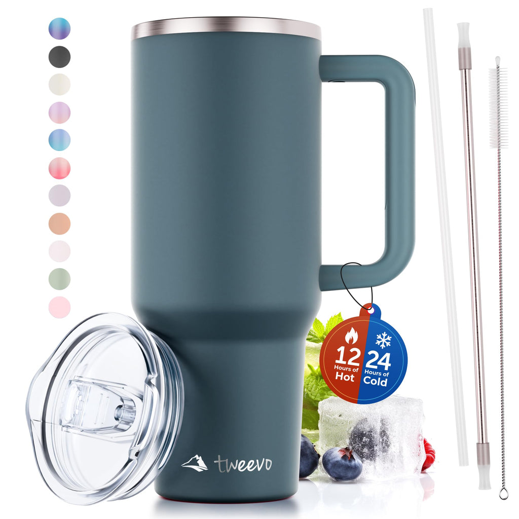 tweevo 40 oz Tumbler With Handle and Straw Made of Stainless Steel - Double Wall Vacuum Insulated Tumbler With Lid - Sweat Proof Easy Grip, BPA-Free, Dishwasher Safe Tumbler (Charcoal)