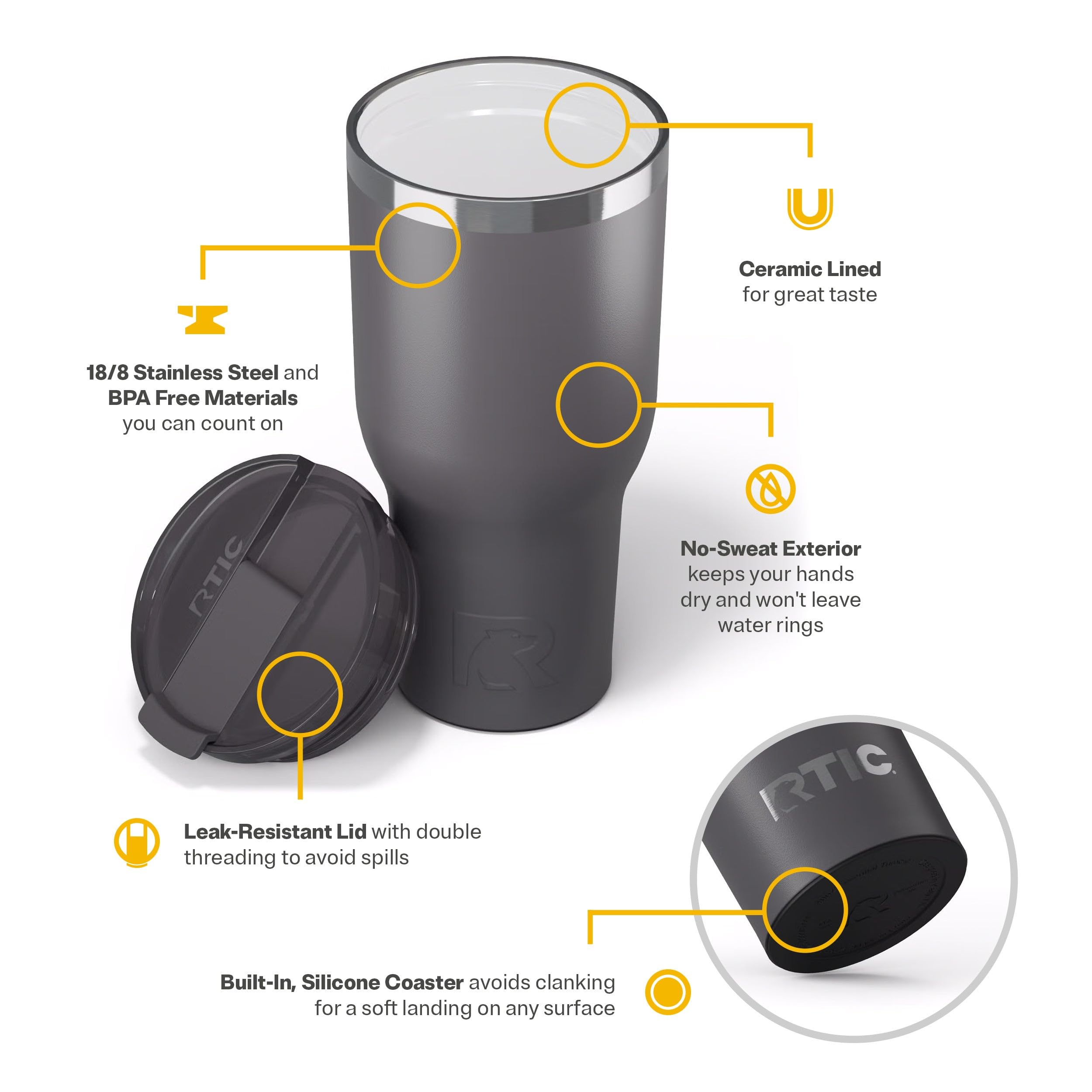 RTIC 40oz Essential Tumbler with Lid, Ceramic Lined, Graphite