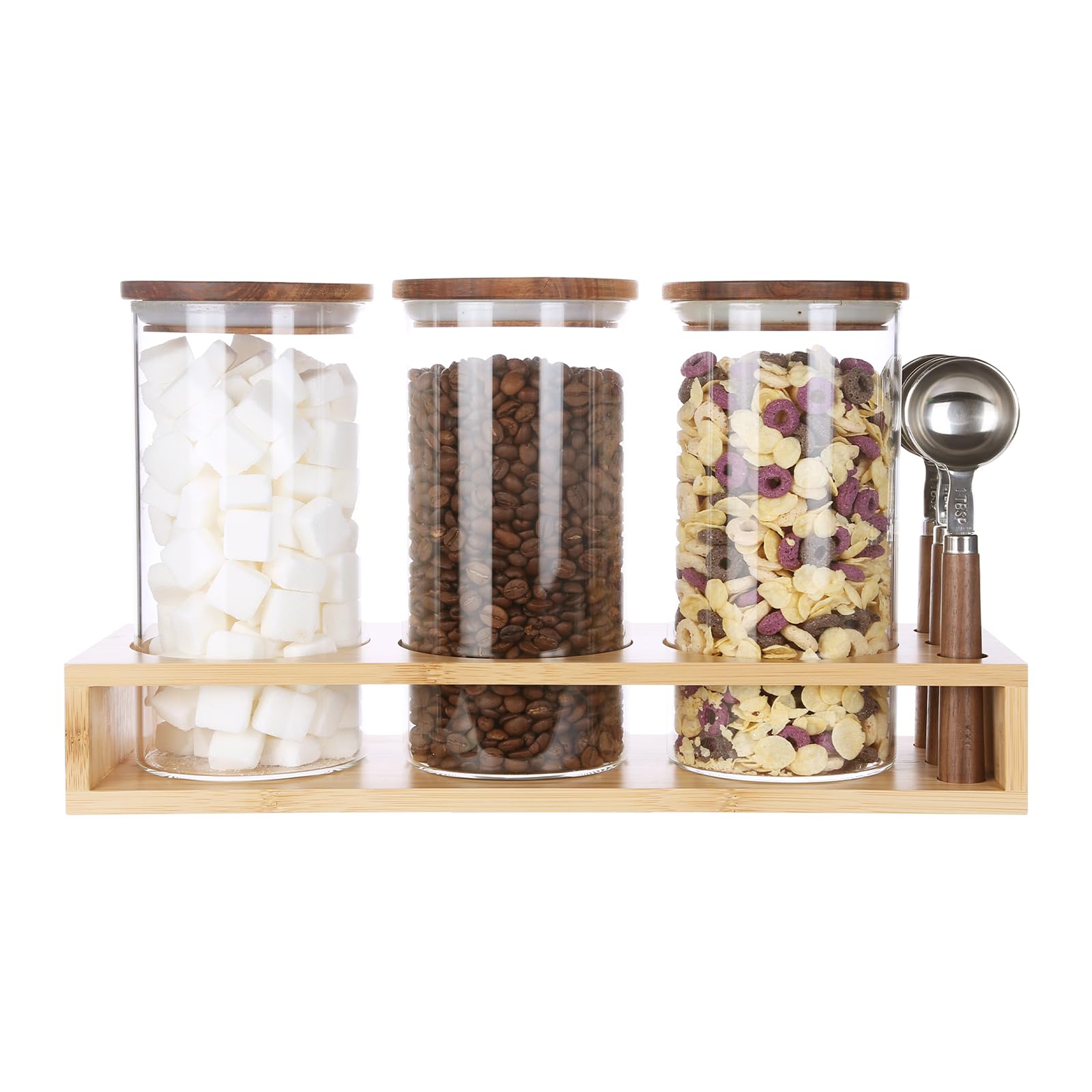 KKC HOME ACCNETS GGlass Canister Set with Bamboo Rack & Scoops-39oz 3 Pack