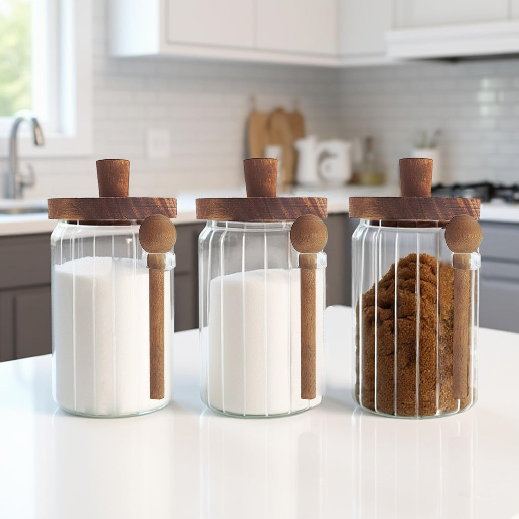 Glass Food Storage Jars with Handles Wood Lid and Spoon, 25 oz Glass Kitchen Canisters for Coffee, Tea, Cereal, Spice and Canning, Mason Jars, Cute Jar