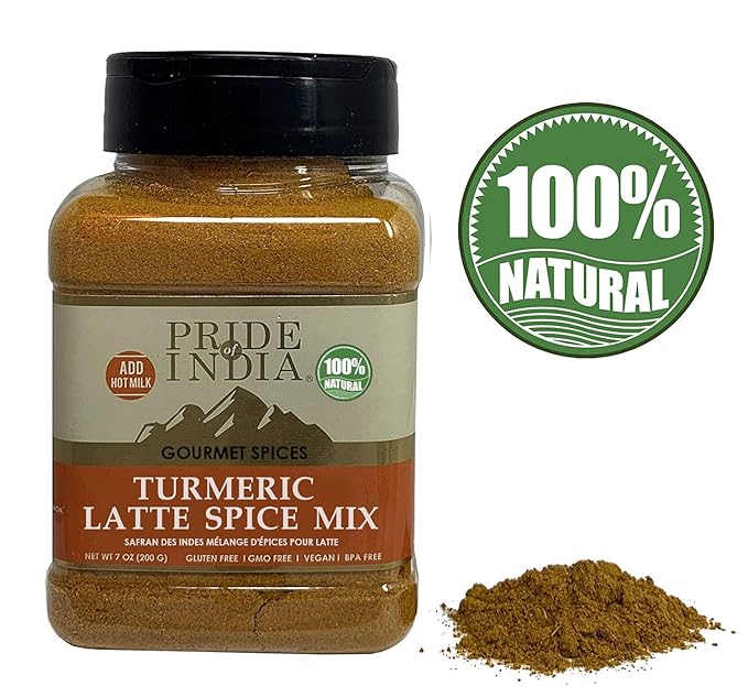 Pride of India – Turmeric Latte Spice Mix – Gourmet & Warm Tea Spice Blend – Healthy/Gluten-Free – Ideal for Lattes/Smoothies/Golden Milk – Easy to Store – 7 oz. Medium Dual Sifter Bottle