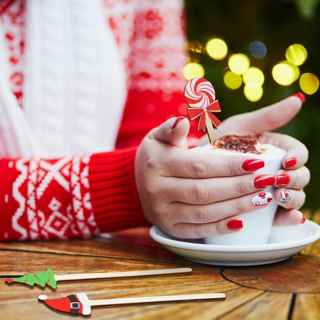Jinei 120 Pcs Christmas Wooden Coffee Stirrers Wood Cocktail Coffee Stir Sticks Disposable Drink Stirrers for Stirring Hot Chocolate Milkshake Restaurant Home Office(Novel Style)