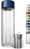 Glass Multi Tea Infuser Bottle 14oz - Double Wall Borosilicate Glass Flask | No Plastic Touches Contents | Perfect for Office or Home - Blue