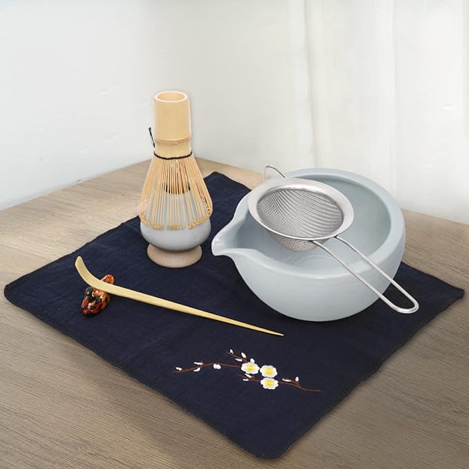 Artcome Matcha Ceremony Kit for Japanese Tea Ceremony, Bowl with Pouring Spout, Whisk, Tea Scoop, Matcha Powder Strainer, Matcha Tea Set For Making Usucha, Koicha and Matcha Latte (Cyan)