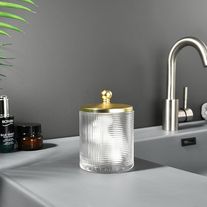 Glass Cotton Jar Holder Matte Gold Lid, Elegant Bathroom Storage Canister for Qtips, Cotton Balls, Floss, Makeup Organizer, Vanity Bathroom Organization