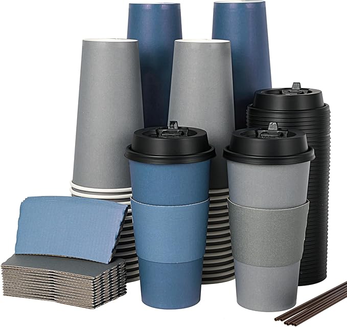 LITOPAK 100 Pack 16 oz Disposable Coffee Cups with Lid, Sleeve, Stirrers