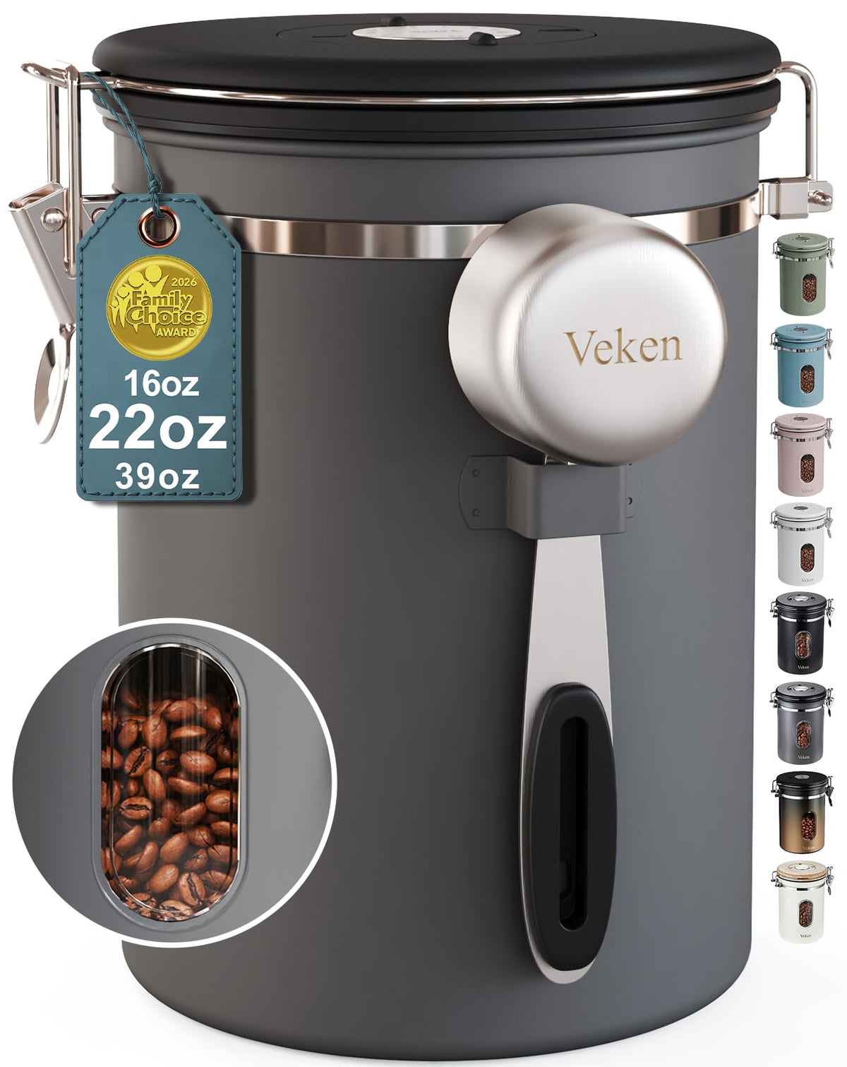 Veken Coffee Canister with Window, Airtight Stainless Steel Container, 22OZ