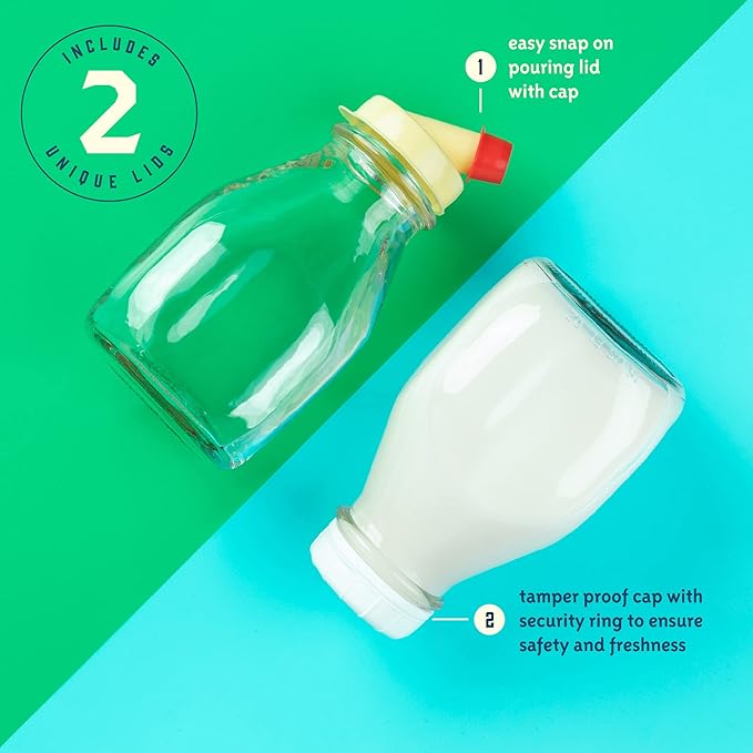 kitchentoolz 16 oz Glass Milk Bottle with Lid and Pour Spout – Small Glass Creamer Container for Refrigerator – Airtight Pint Milk Bottle for Coffee, Tea, and Liquid Storage