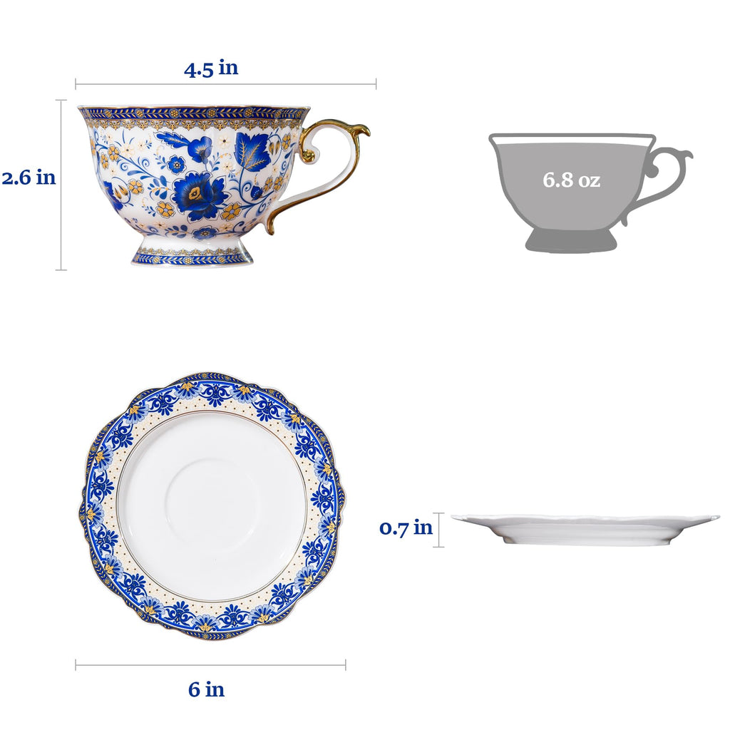 ACMLIFE Bone China Tea Cups and Saucers, 6.8 oz Tea Cup and Saucer Set, with Gold Trim and Gift Box, Blue and White (Blue-D)