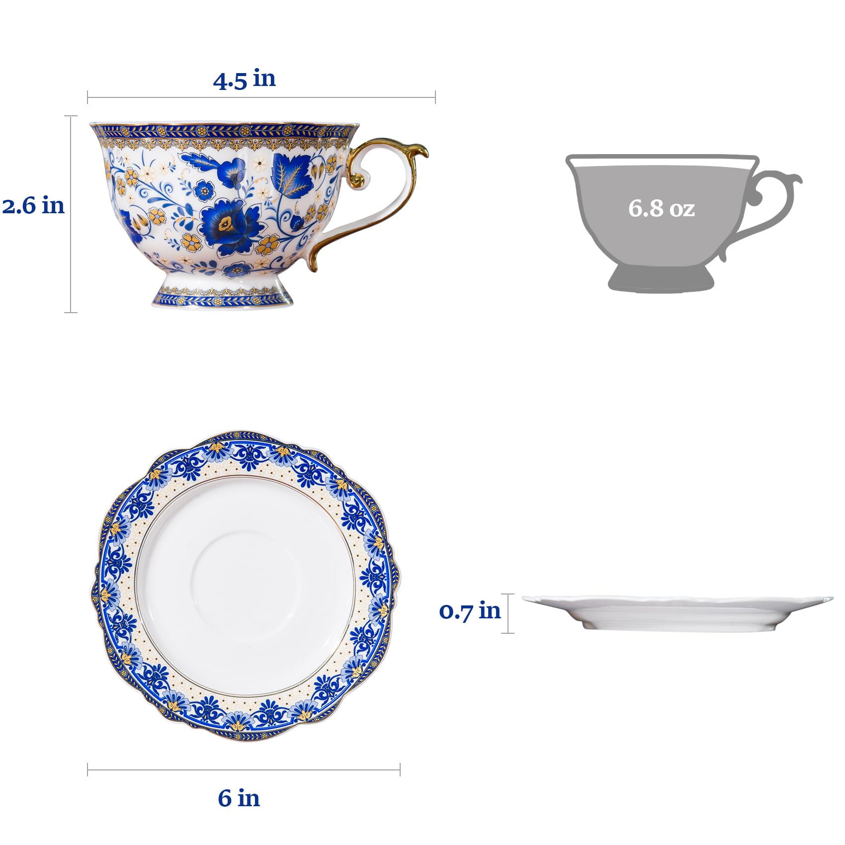 ACMLIFE Bone China Tea Cups and Saucers, 6.8 oz Tea Cup and Saucer Set, with Gold Trim and Gift Box, Blue and White (Blue-D)