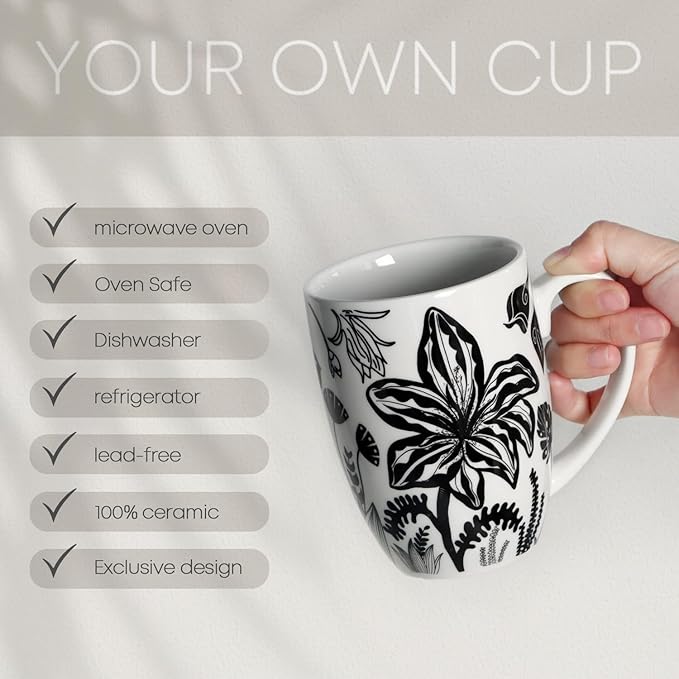 16oz Black and White Boho Floral Mug - Unique Coffee Mugs and Tea Cup, Novelty Ceramic Cups Gifts for Women and Men.