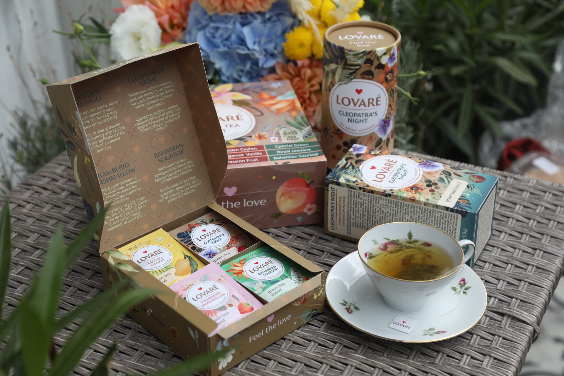 LOVARE Green Assorted Tea Variety Pack 32 Pack - Made in Ukraine - Tea Bags Individually Wrapped 4 Tastes - Golden Mango, Cleopatra’s Night, Strawberry Marshmallow, Bahamian Soursop Assorted Tea Bags