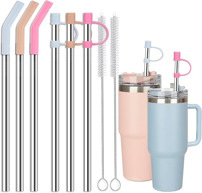 Stainless Steel Straws with covers fit Stanley 40 oz tumbler, Reusable 12 Inch Metal Straw with Silicone Tips & Cover Caps, Compatible with Stanley Quencher H2.0 (6 Pack: 3 Bent + 3 Straight)