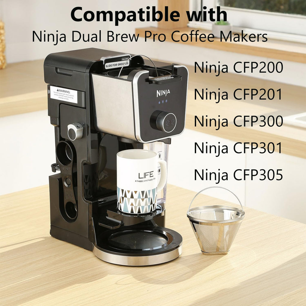 MJULY Reusable #4 Cone Coffee Filters for Ninja Dual Brew Pro Coffee Makers,Compatible with Ninja CFP301 CFP201,8-12 Cup Stainless Steel Basket