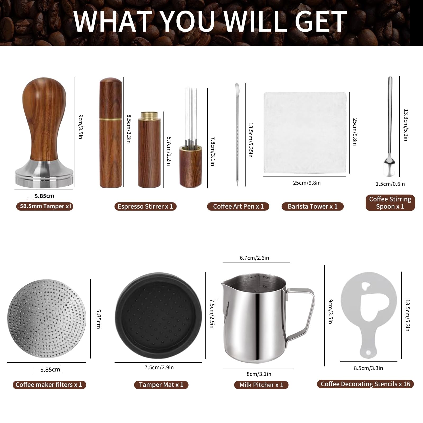 Gmnuiy 58.5mm,Espresso Accessories Kit, 24PCS Coffee Tamper Set ， Barista Kit, WDT Tool,stainlesss Frothing Pitcher, Stirrer, Tamper Mat, Latte Art Pen ， Coffee puck screen