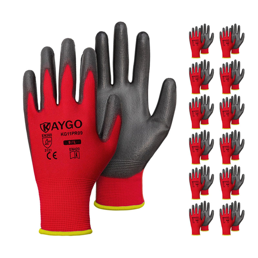 KAYGO Safety Work Gloves for Men Women, PU Coated Palm & Fingers, KG11P
