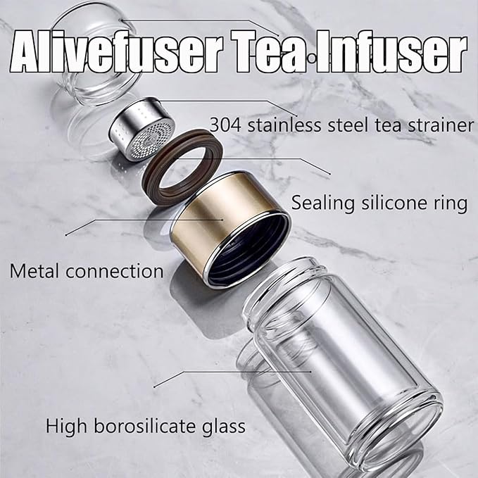 Tryteava Glass Infuser, Tryteava 3-in-1 Smart Tea Infuser, Portable Glass Double Wall Tea Infusers Bottle, with Stainless Steel Filter, Hot & Cold Brew, For Loose Leaf, Office Home (Gold, 350ml)