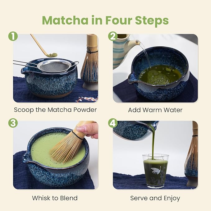 Matcha Whisk Set, Ceramic Matcha Set Includes Matcha Bowl, Matcha Whisk & Holder, Scoop, Sifter, Spoon, Scoop Rest, Tea Mat, User Manual - 9 Pcs Matcha Kit for Matcha Lovers (Blue)