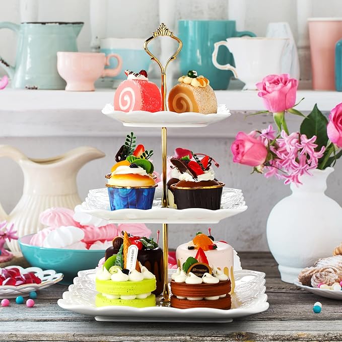 Tatuo 2 Pcs 3 Tier Porcelain Cupcake Stand, Cup Cake Holder Tower, Pastry Serving Elegant Dessert White Ceramic Tiered Stand for Wedding, Birthday, Tea Party(Lace Square Shape)