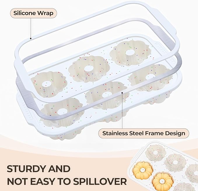 Mini Bundt Cake Pans for Baking, 2Pcs Silicone 6-Cavity Fluted Tube Cake Pan with Metal Reinforced Frame, Nonstick Baking Molds for Cupcake, Brownie, Donuts, Cornbread, Jello