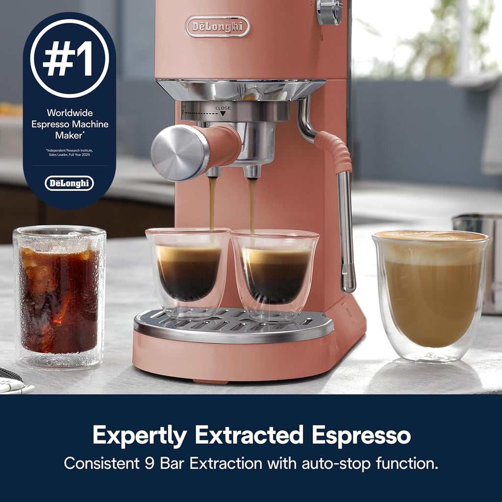 De'Longhi Dedica Duo Compact Espresso Machine - Cold Brew Coffee Maker with Milk Frother Wand- for Espresso, Hot & Iced Coffee, Cappuccinos, Lattes & Home Barista Brewing, Rosé Pink