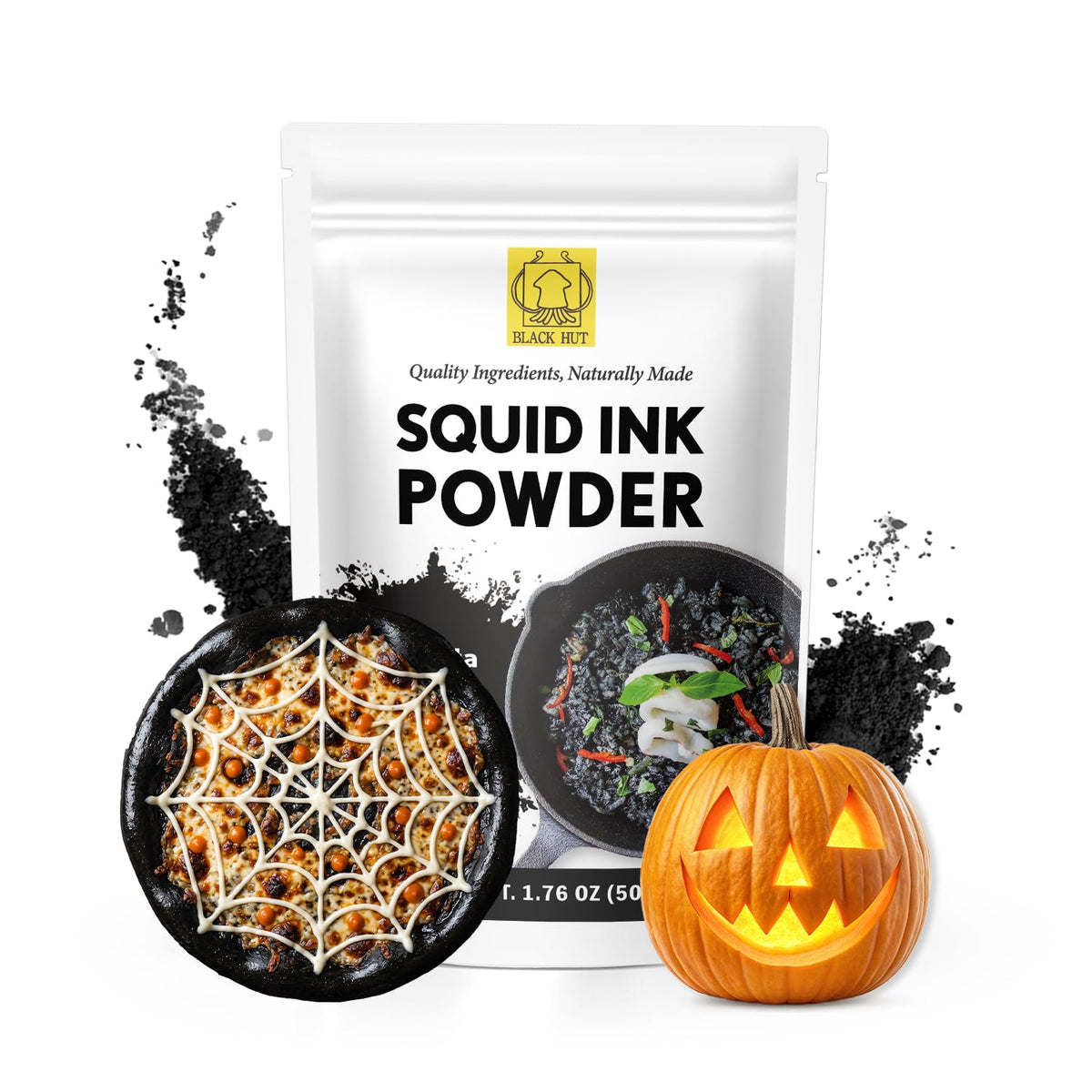 Black Hut Squid Ink Powder for Cooking, Black Food Coloring, 1.76oz, 3 Pack
