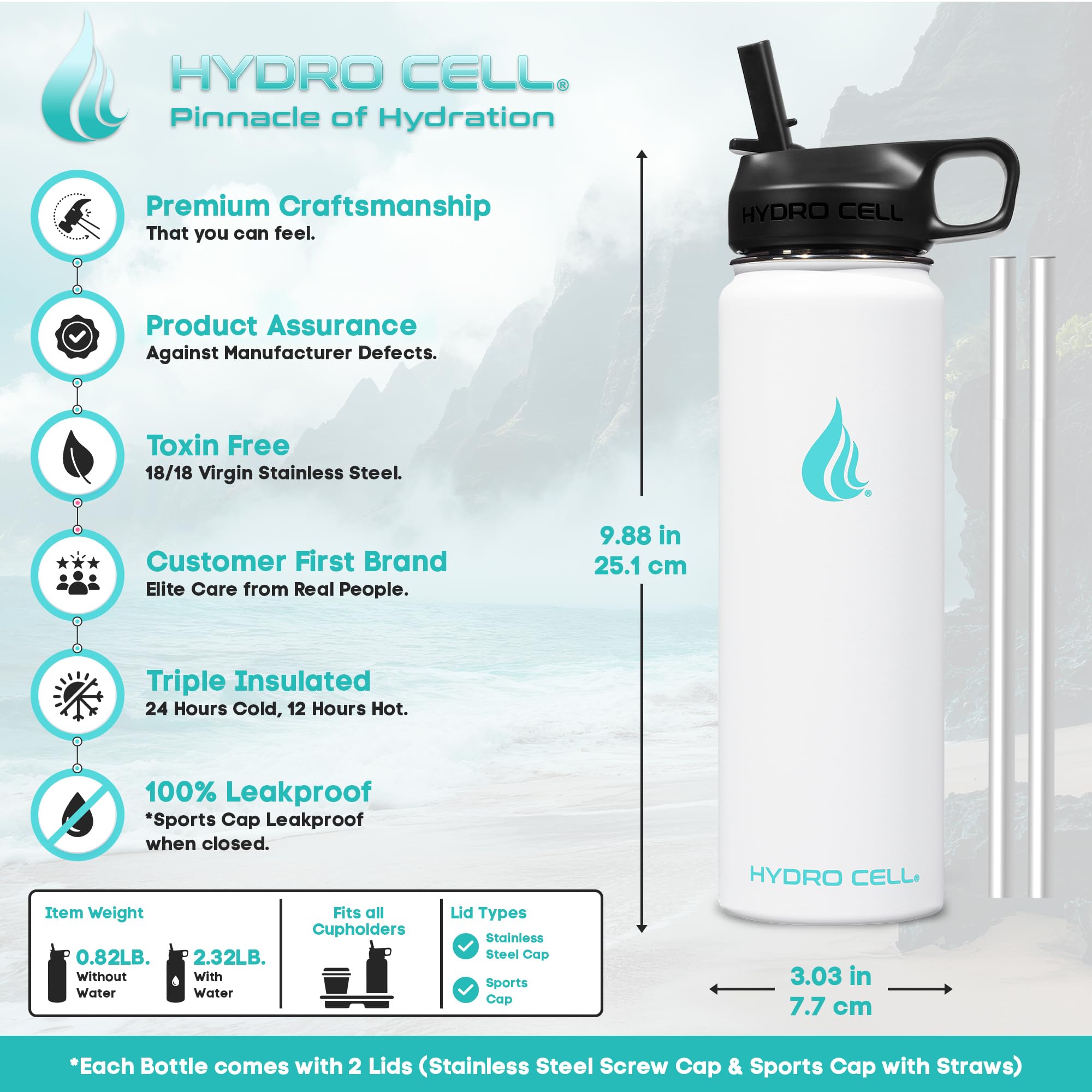 HYDRO CELL Stainless Steel Insulated Water Bottle with Straw - For Cold & Hot Drinks - Metal Vacuum Flask with Screw Cap and Modern Leakproof Sport Thermos for Adults (White 24oz)