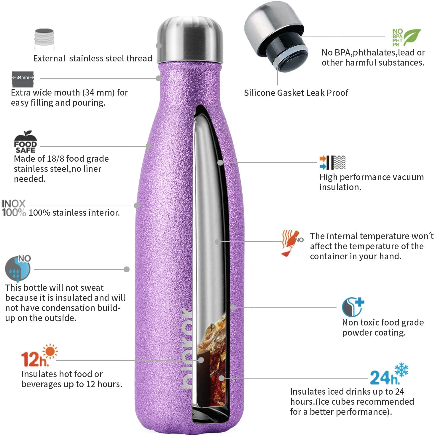 BJPKPK 17 oz Small Insulated Water Bottle, Stainless Steel, Leak Proof