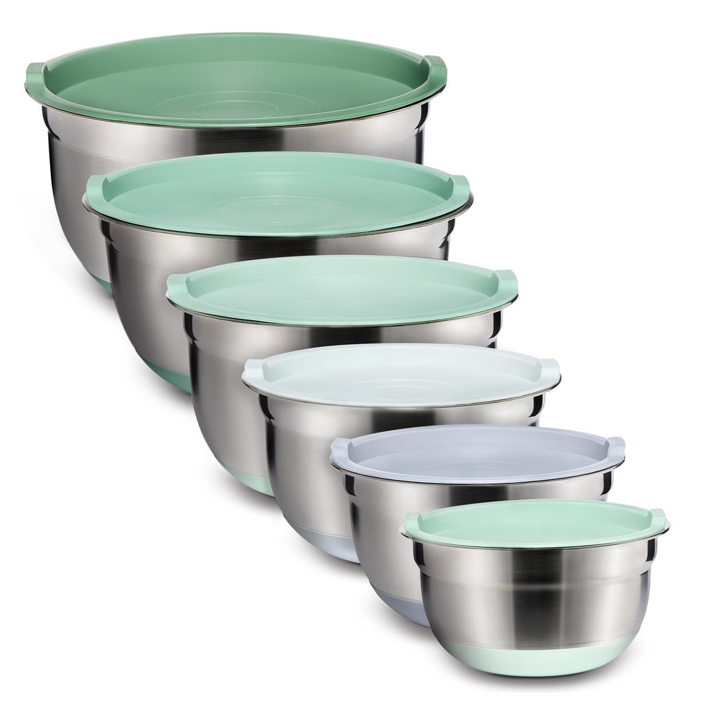 COOK WITH COLOR Stainless Steel Mixing Bowls Set with Lids - Nesting Bowls with Non-Slip Bottom, Sage, 12 Pieces