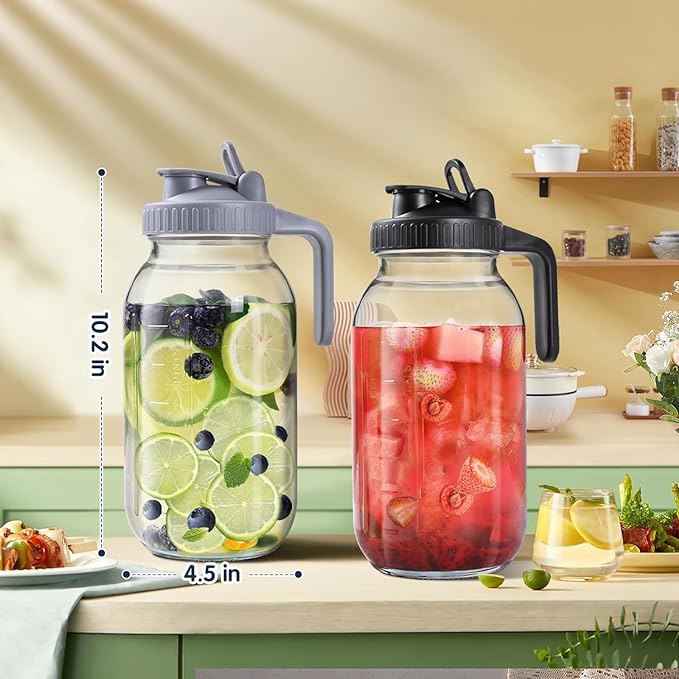 64OZ Glass Pitchers with Lid, Wide Mouth Water Jugs, Leak-Proof Airtight Mason Jars for Cold Brew Coffee, Iced tea, Milk, Food Storage, Sun Tea Jar (Grey)