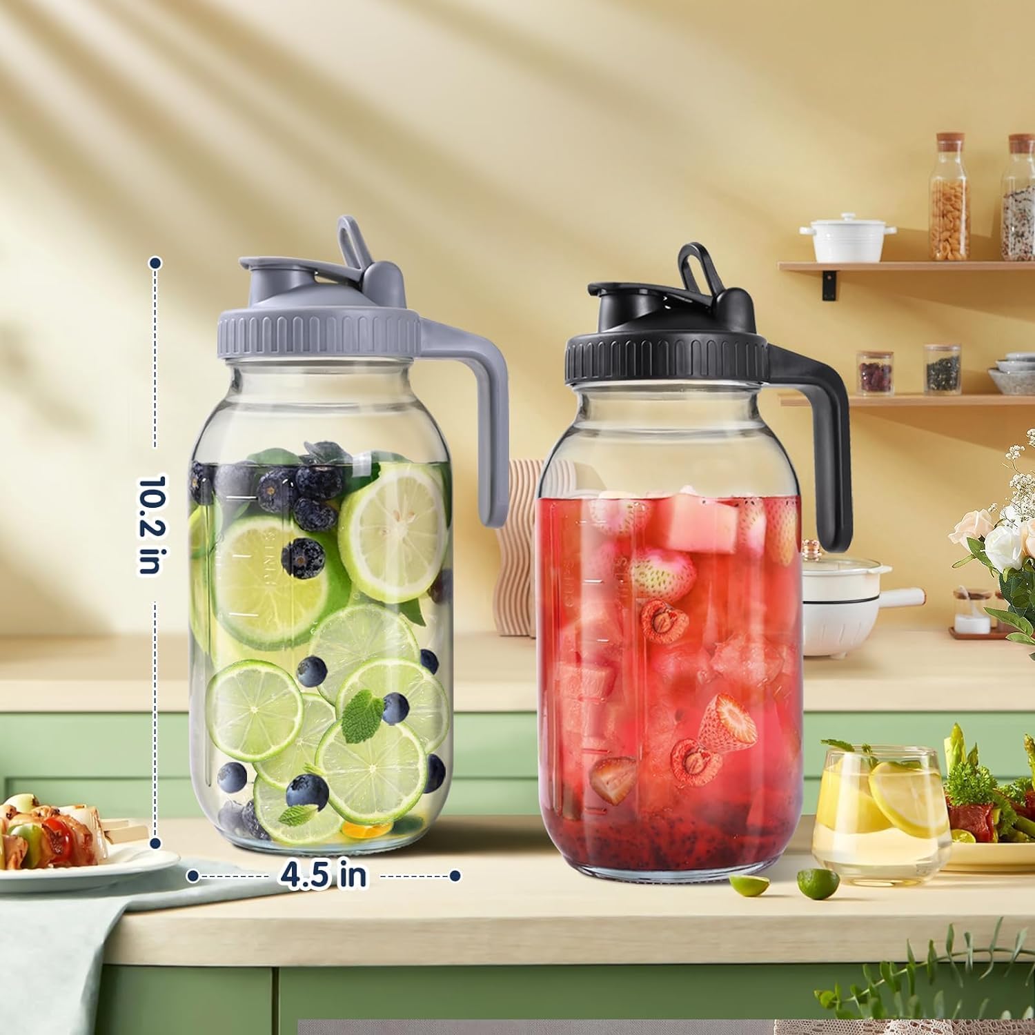 SCIDEA 64OZ Glass Pitchers with Lid, Wide Mouth Water Jugs, Leak-Proof Airtight Mason Jars for Cold Brew Coffee, Iced tea, Milk, Food Storage, Sun Tea, Black