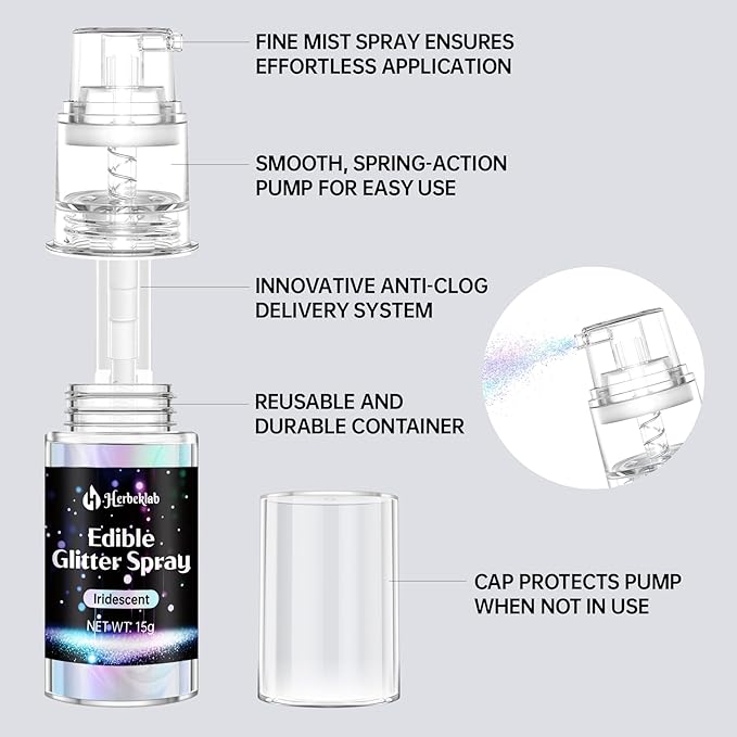 White Edible Glitter Spray - 15g Edible White Glitter for Cakes Food Grade Metallic Shimmer Powder Cake Spray for Cookie Decorating Chocolate Strawberry