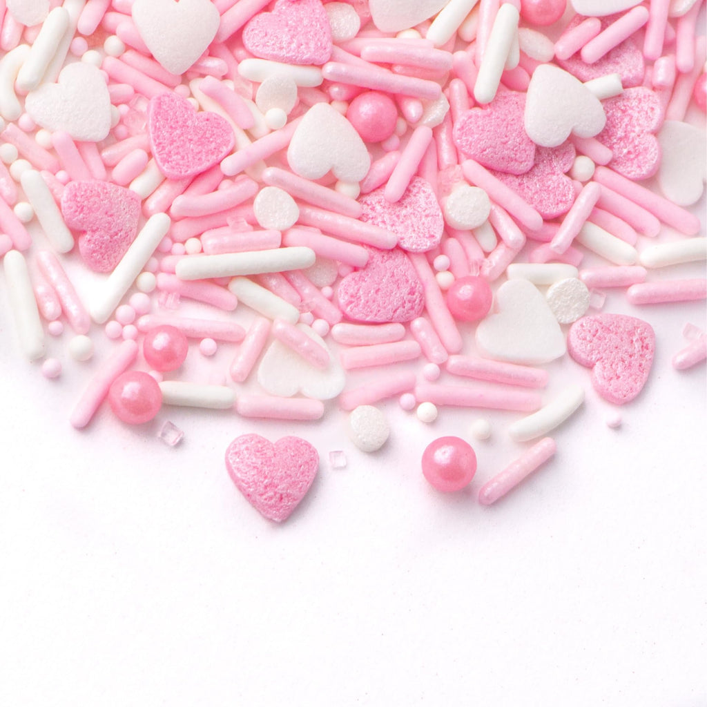 Sweets Indeed Valentines Day Heart Sprinkle Mix | Pink & White Jimmies, Sugar Pearls, Confetti Quins, Nonpareils & Heart Shapes | Baking & Decorating, 4 ounces