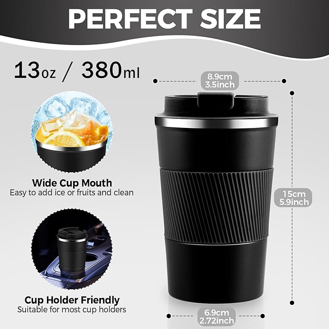 Volhoply 13 oz Stainless Steel Insulated Travel Coffee Mug with Fip Lid Bulk 2 Pack,Reusable Double Wall Vacuum Metal Coffee Cup,Portable Leak Proof Thermal Tumbler for Hot & Cold Drinks(Assorted,2)