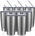 COMOOO 20oz Stainless Steel Tumbler Bulk Double Wall Vacuum Coffee Cup Insulated Travel Mug with Lid and Straw Durable Powder Coated Insulated Coffee Cup for Cold & Hot Drinks (silver, 8 pack