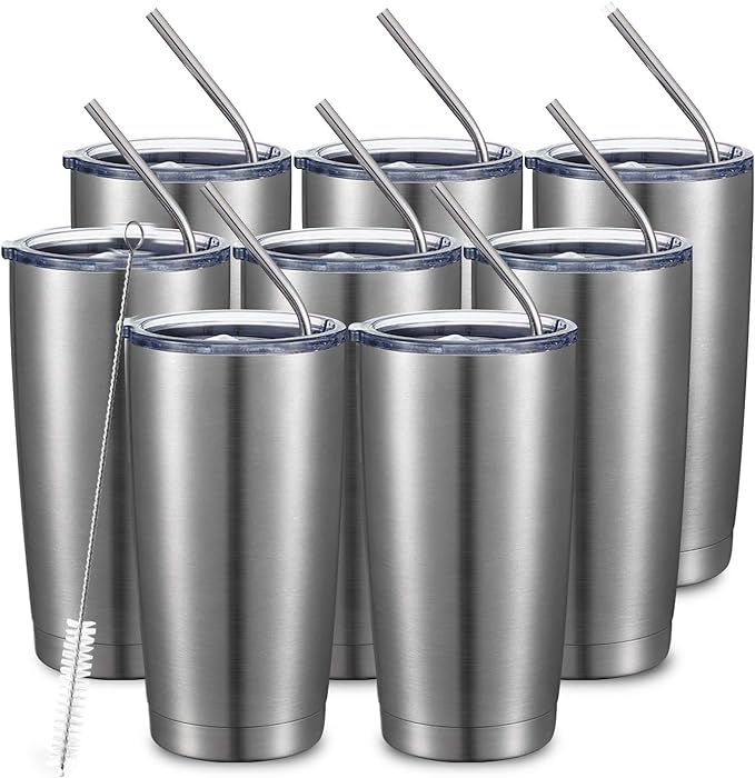 COMOOO 20oz Stainless Steel Tumbler Bulk Double Wall Vacuum Coffee Cup Insulated Travel Mug with Lid and Straw Durable Powder Coated Insulated Coffee Cup for Cold & Hot Drinks (silver, 8 pack