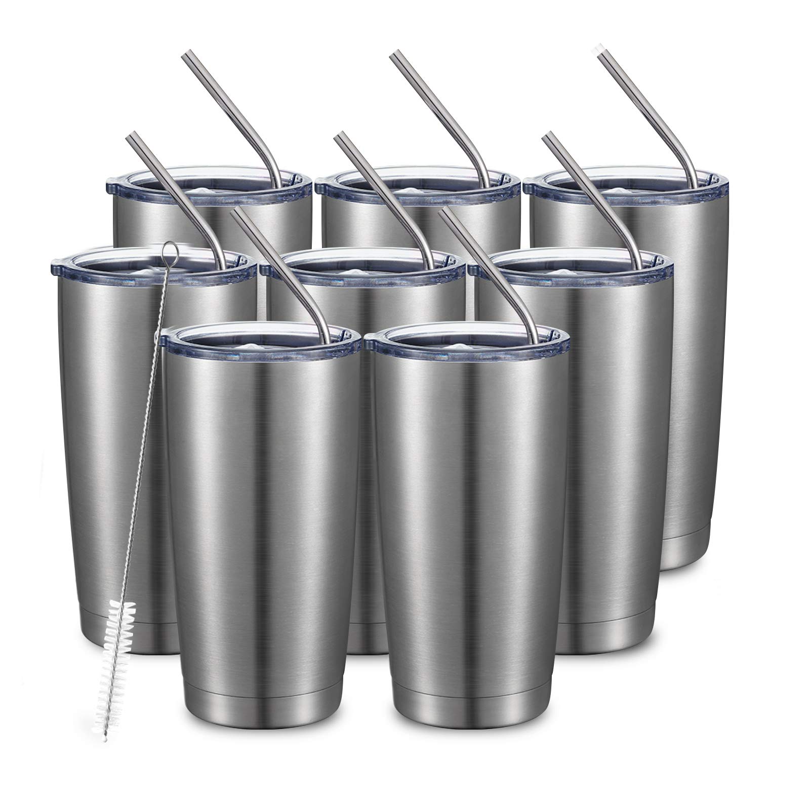 COMOOO 20oz Stainless Steel Tumbler Bulk Double Wall Vacuum Coffee Cup Insulated Travel Mug with Lid and Straw Durable Powder Coated Insulated Coffee Cup for Cold & Hot Drinks (silver, 8 pack