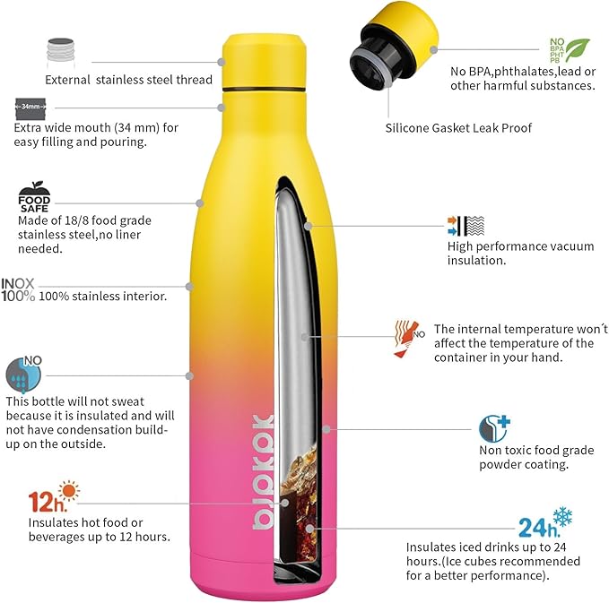 BJPKPK 25oz Insulated Water Bottle Double Wall Vacuum Insulated Stainless Steel Water Bottles for Spots Keep Cold and Hot,Rainbow