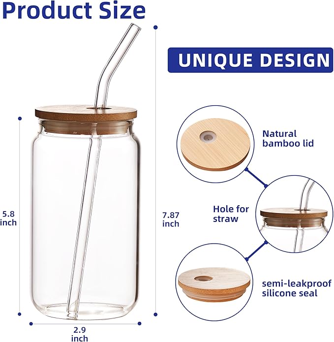4pcs Set-16oz, Glass Cups with Bamboo Lids and Glass Straw - Beer Can Shaped,CuteTumbler Cup,Soda,deal for Cocktail,Iced Coffee Cups,4 Cleaning Brushes