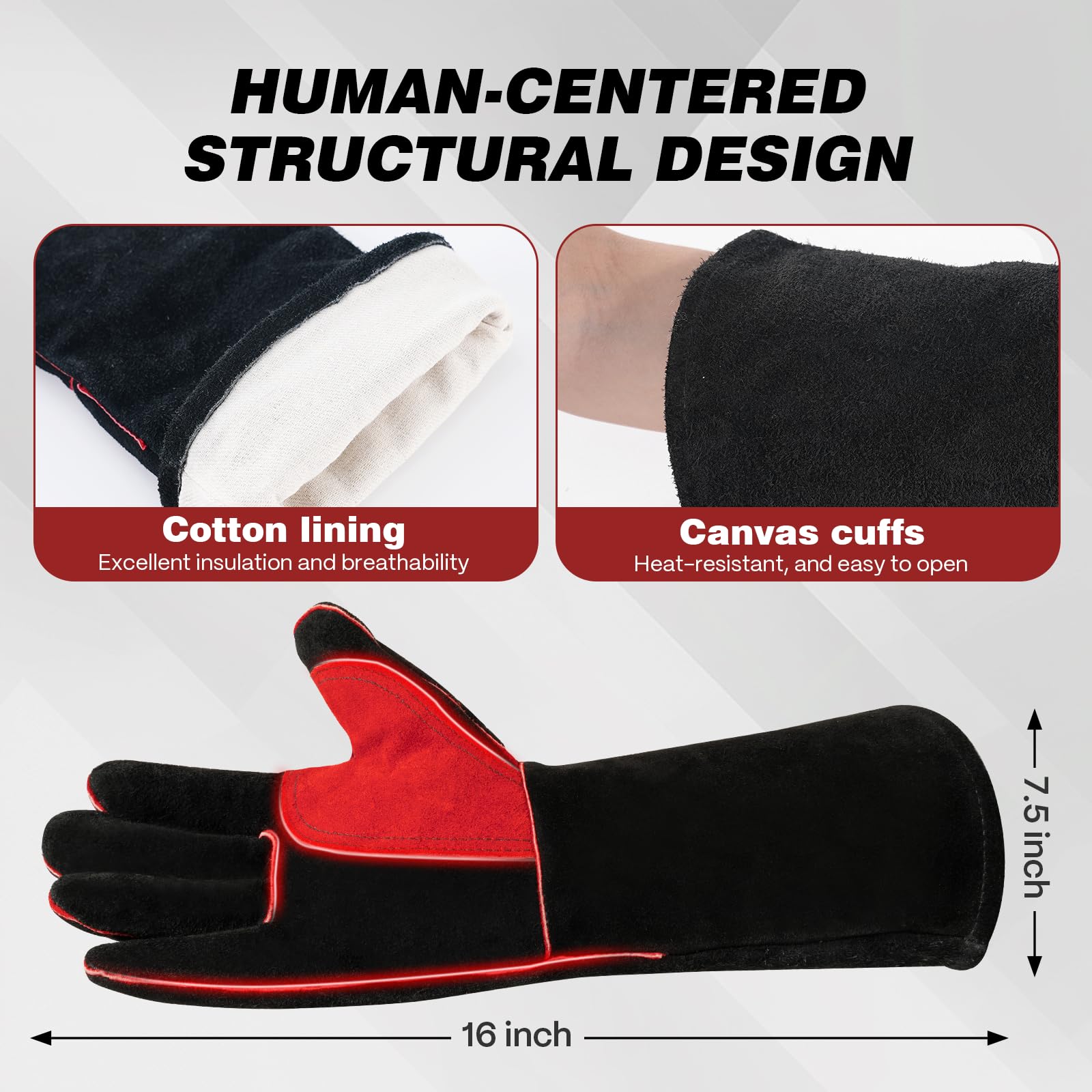ARCCAPTAIN Leather Welding Gloves for Men & Women, 16 Inches, Black-Red, L