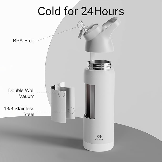 Insulated Water Bottle with Straw - Encool Stainless Steel Water Bottle, Reusable Leakproof and BPA-Free for Sports, Travel, Cold for 24 Hours, 32 oz, Snowflake
