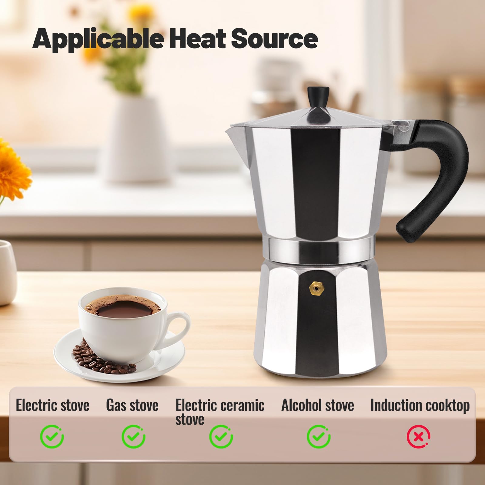 Vaolvpant 6 Cup Aluminum Moka Pot Classic Stovetop Espresso Coffee Maker 300ml 10oz Coffee maker Percolator Mocha Pot Greca Coffee Maker Cafe Makers for Italian and Cuban Café Brewing Silver