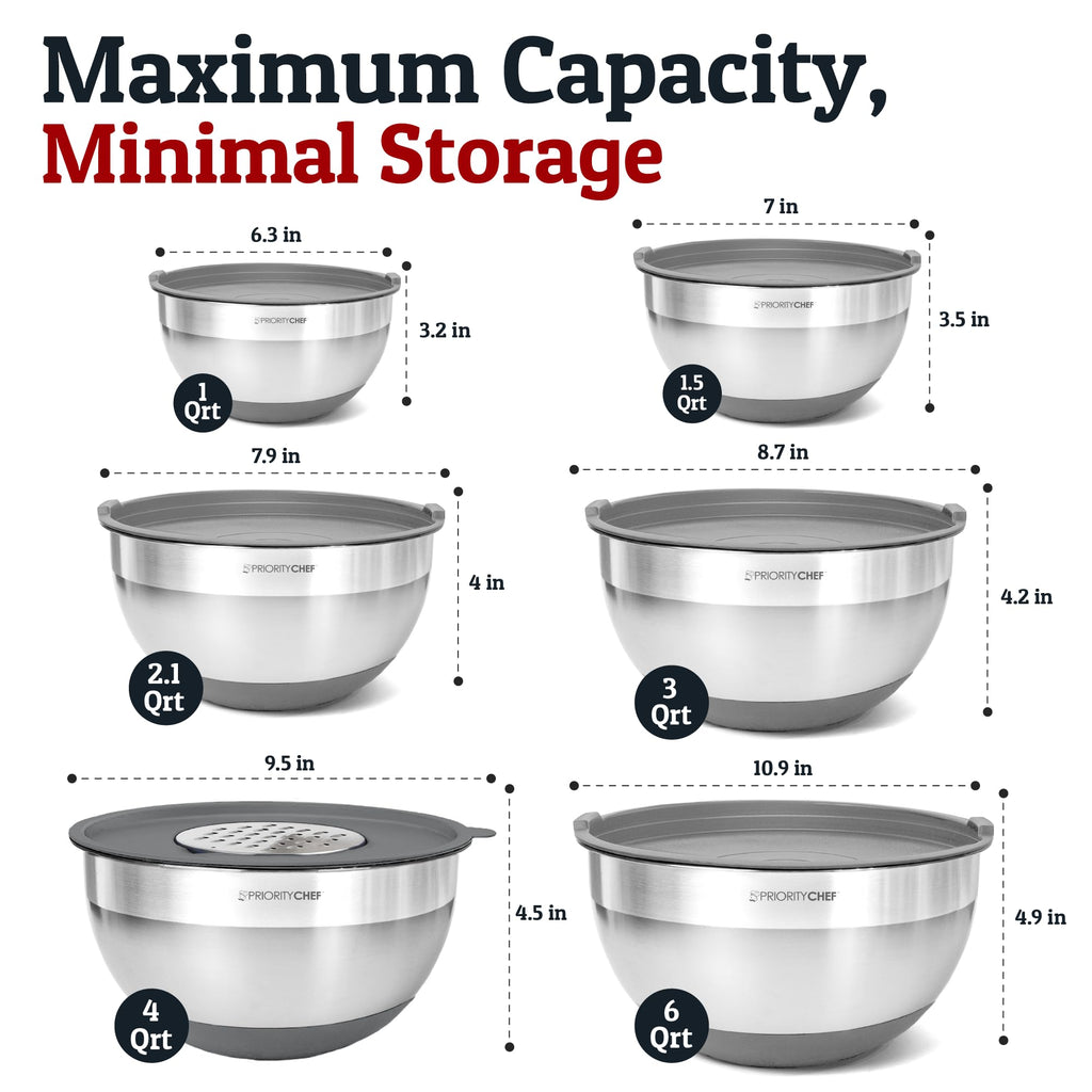 Priority Chef 6pc Stainless Steel Mixing Bowls with Lids Set, 7 Qt, Grey