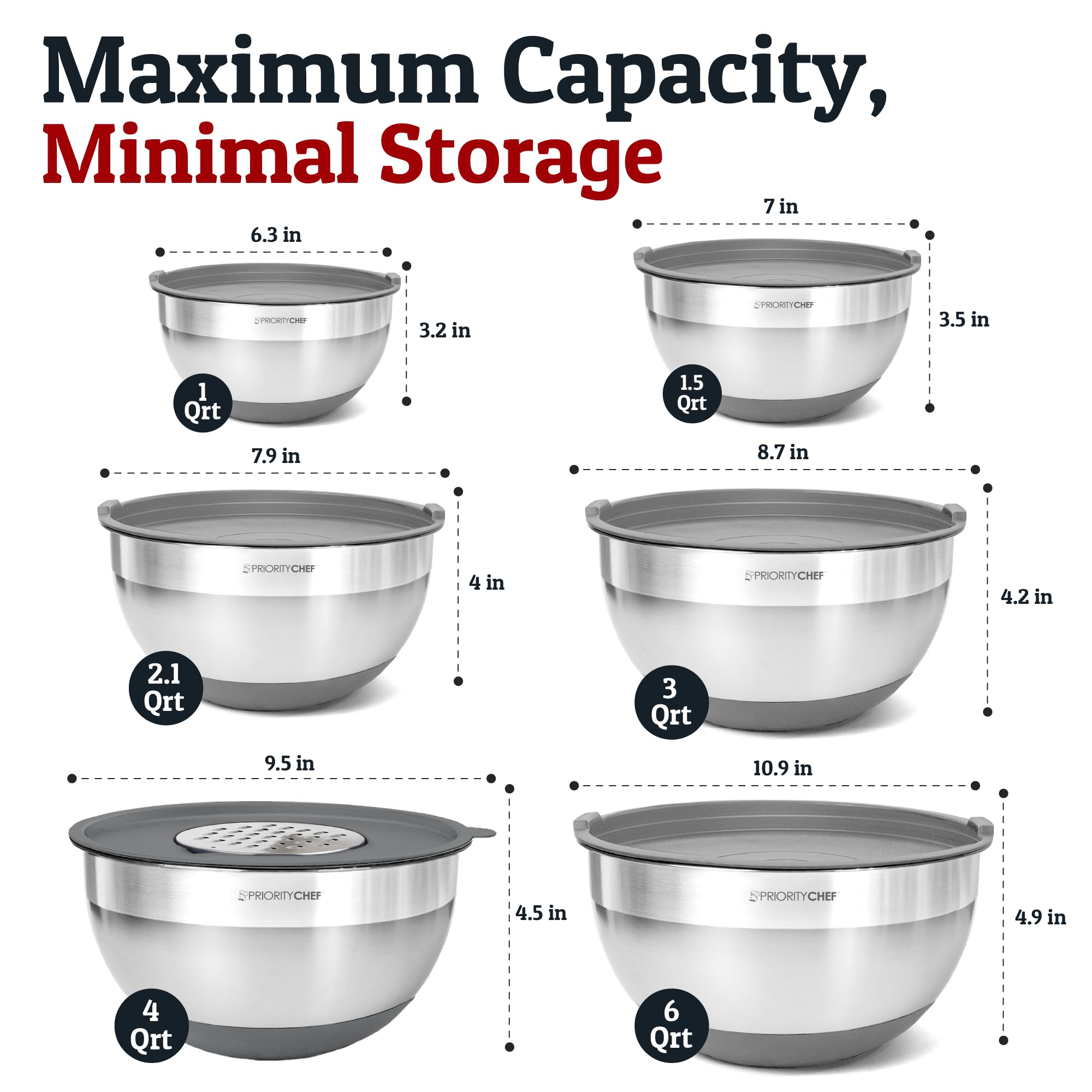 Priority Chef 6pc Stainless Steel Mixing Bowls with Lids Set, 7 Qt, Grey