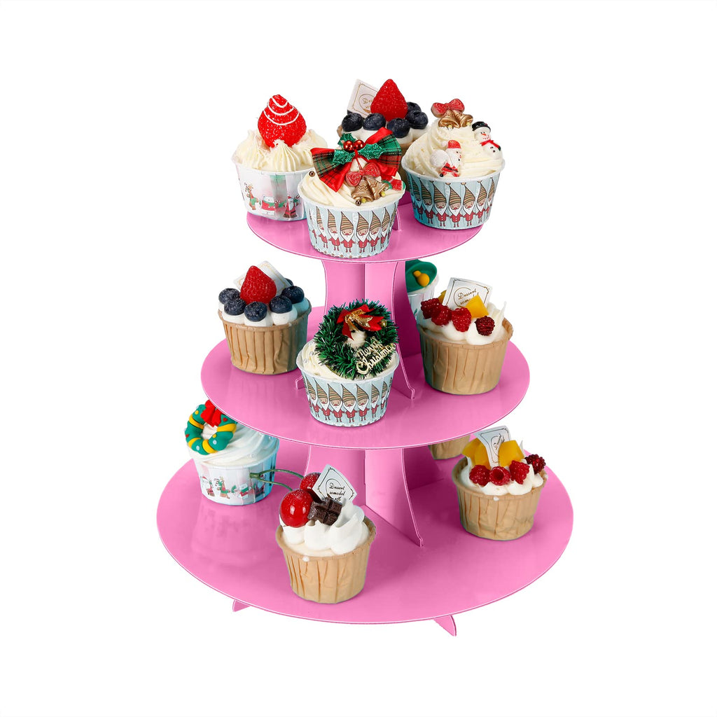 YLDW Cupcake Stand 2Pcs, 3-Tier Cupcake Stand Display, Cardboard Cup Cake Tower Stand, Disposable Dessert Stand for Birthday Tea Party Baby Shower Treat Decorations, Pink