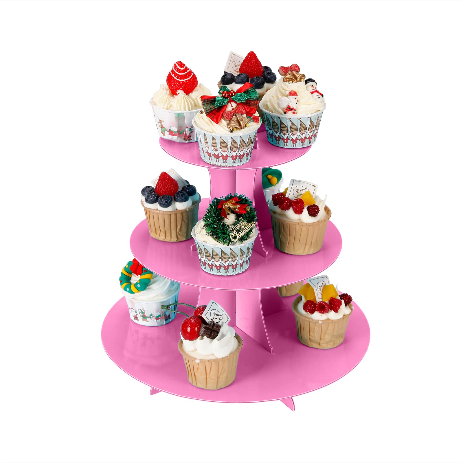 YLDW Cupcake Stand 2Pcs, 3-Tier Cupcake Stand Display, Cardboard Cup Cake Tower Stand, Disposable Dessert Stand for Birthday Tea Party Baby Shower Treat Decorations, Pink
