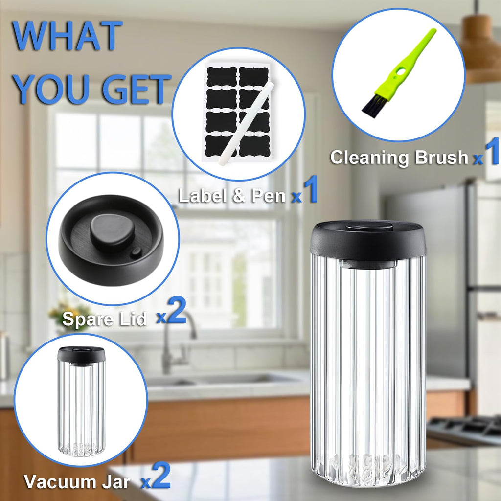 HelpyLife Vacuum Coffee Canister,2PCS 61FLOZ Borosilicate Glass Jar with Spare Airtight lid, Label and Brush, Coffee Bean Storage for Coffee Beans & Grounds Coffee(Clear Glass)